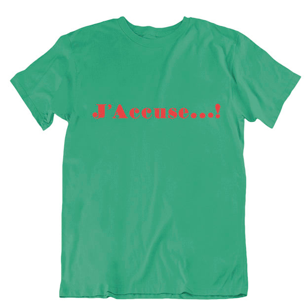 J'Accuse Unisex T-Shirt Green LARGE (42-44" chest) ONLY