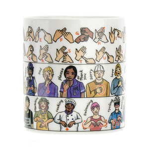 A mug with images showing the BSL alphabet and a few other favourite words