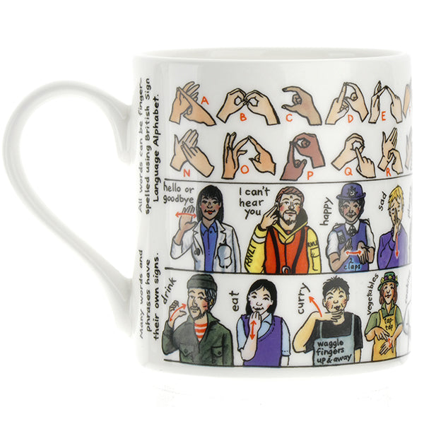 A mug with images showing the BSL alphabet and a few other favourite words